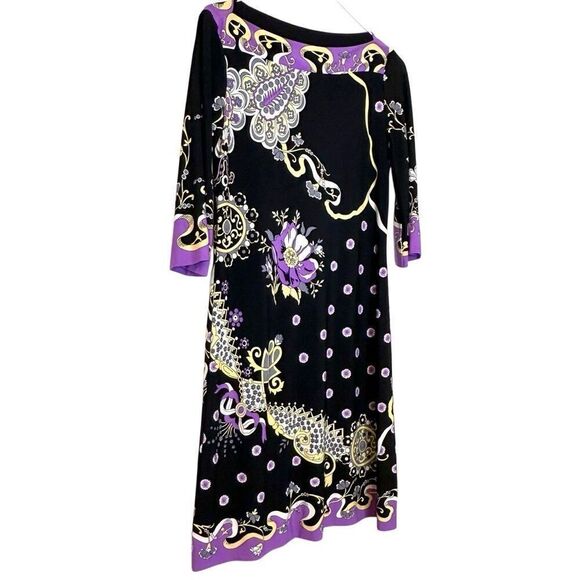 Donna Morgan Floral 3/4 Sleeve Bateau Neck  Black Purple Shift Dress Size 4 - Picture 2 of 5